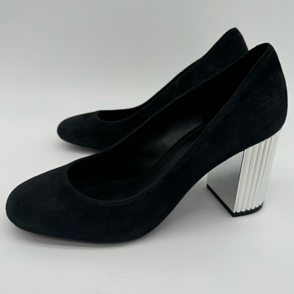 Michael Kors Porter Black Suede Pump Mirrored Block Heel Size 9
